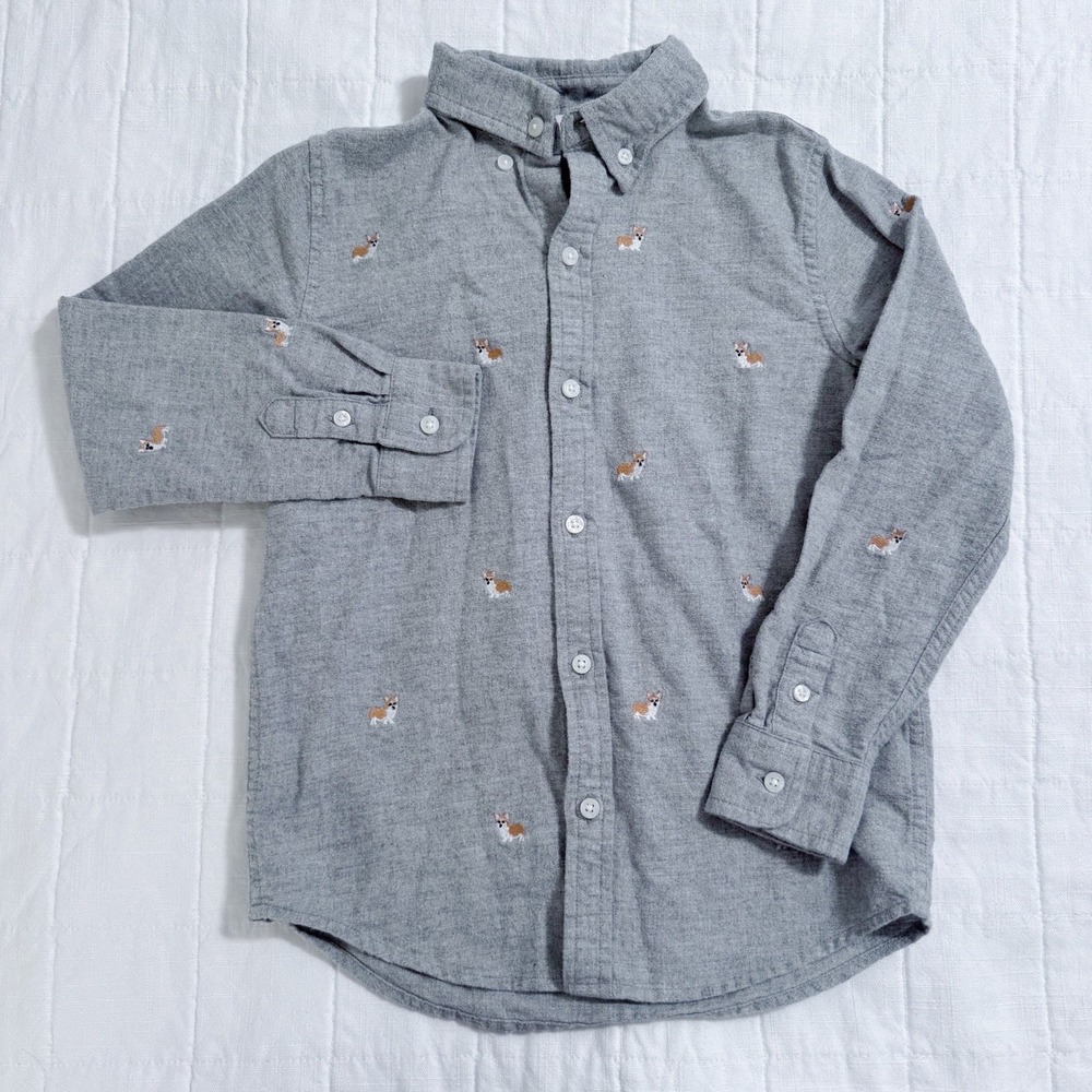 Janie & Jack Boys 6 Brushed Oxford Long Sleeve Shirt Gray Embroidered Corgi Dog - Picture 2 of 8